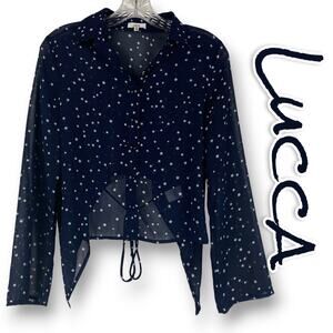 Lucca Star Sheer Cropped Blouse Button Front Navy Blue Back Tie Womens Size XS